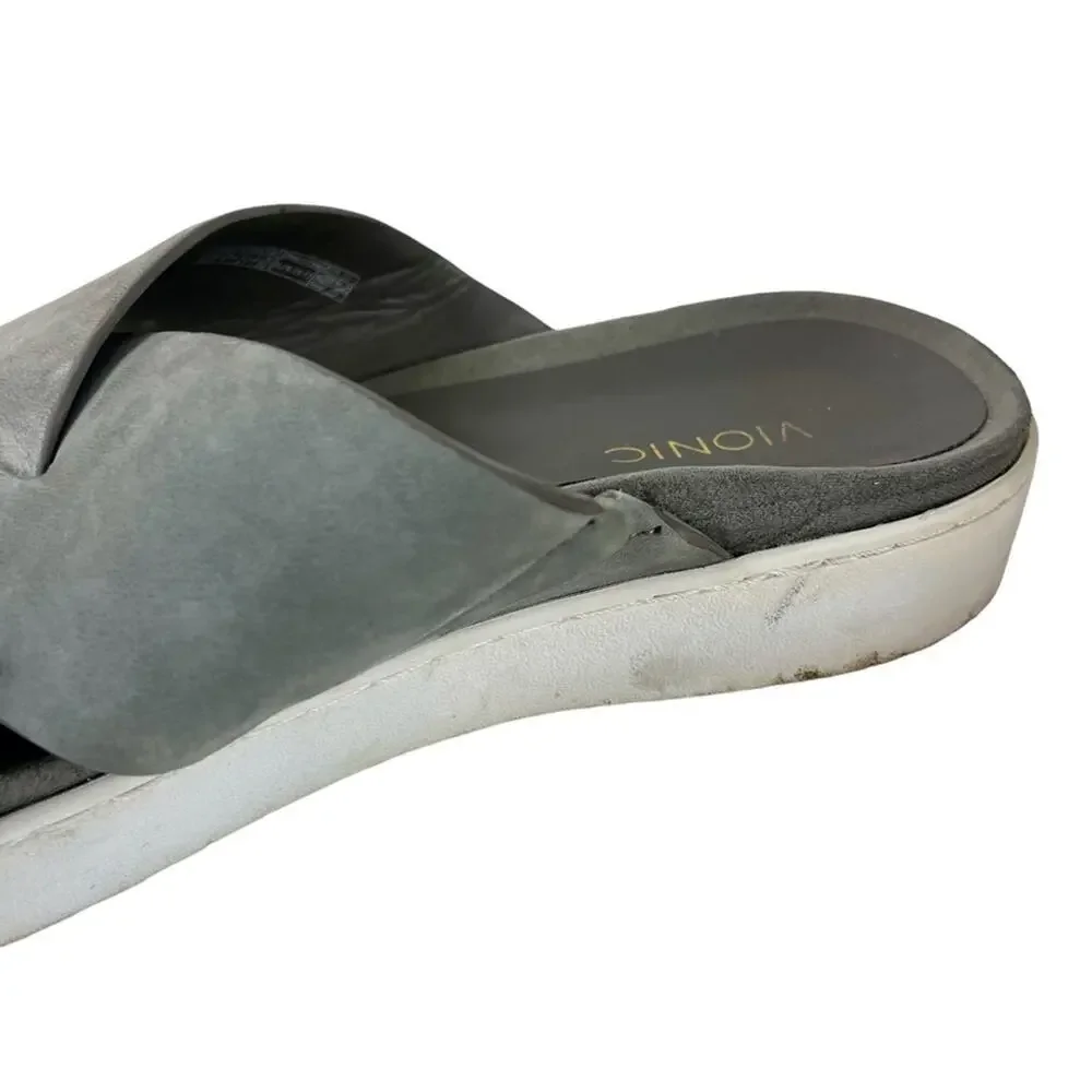Vionic Lou Gray Wide Criss Cross Strap Slides Genuine Leather Platform Sandals 9